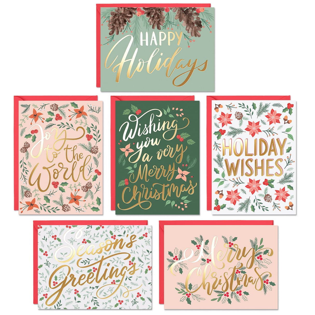Christmas Cards Set - 24 Gold Foil Holiday Decor Sheets with Red Envelopes – 6 Assorted Designs Boxed for Easy Storage - Bulk Greeting and New Years sheets - 4.25”x5.75” Sweetzer & Orange