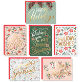 Christmas Cards Set - 24 Gold Foil Holiday Decor Sheets with Red Envelopes – 6 Assorted Designs Boxed for Easy Storage - Bulk Greeting and New Years sheets - 4.25”x5.75” Sweetzer & Orange