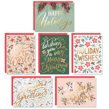 Christmas Cards Set - 24 Gold Foil Holiday Decor Sheets with Red Envelopes – 6 Assorted Designs Boxed for Easy Storage - Bulk Greeting and New Years sheets - 4.25”x5.75” Sweetzer & Orange