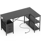 Huuger L Shaped Desk with Power Outlets, Computer Desk with 3 Drawers, 47 Inch Office Desk with Shelves, Gaming Desk, Corner Desk Work Desk for Home Office, Study, Black Huuger