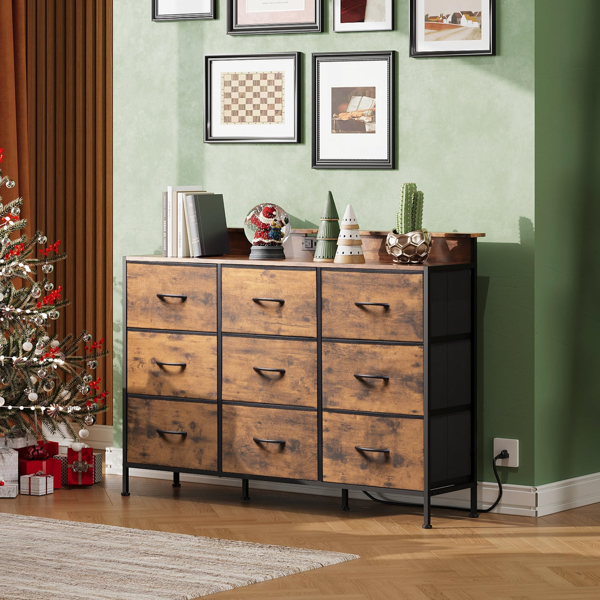 WLIVE Dresser TV Stand for 50, 55 inch, Led Chest of Drawers for Bedroom, Rustic Brown Dresser for Bedroom with LED Lights and Charging Station, 9 Fabric Drawers, Wood Top, Living Room, Closet WLIVE