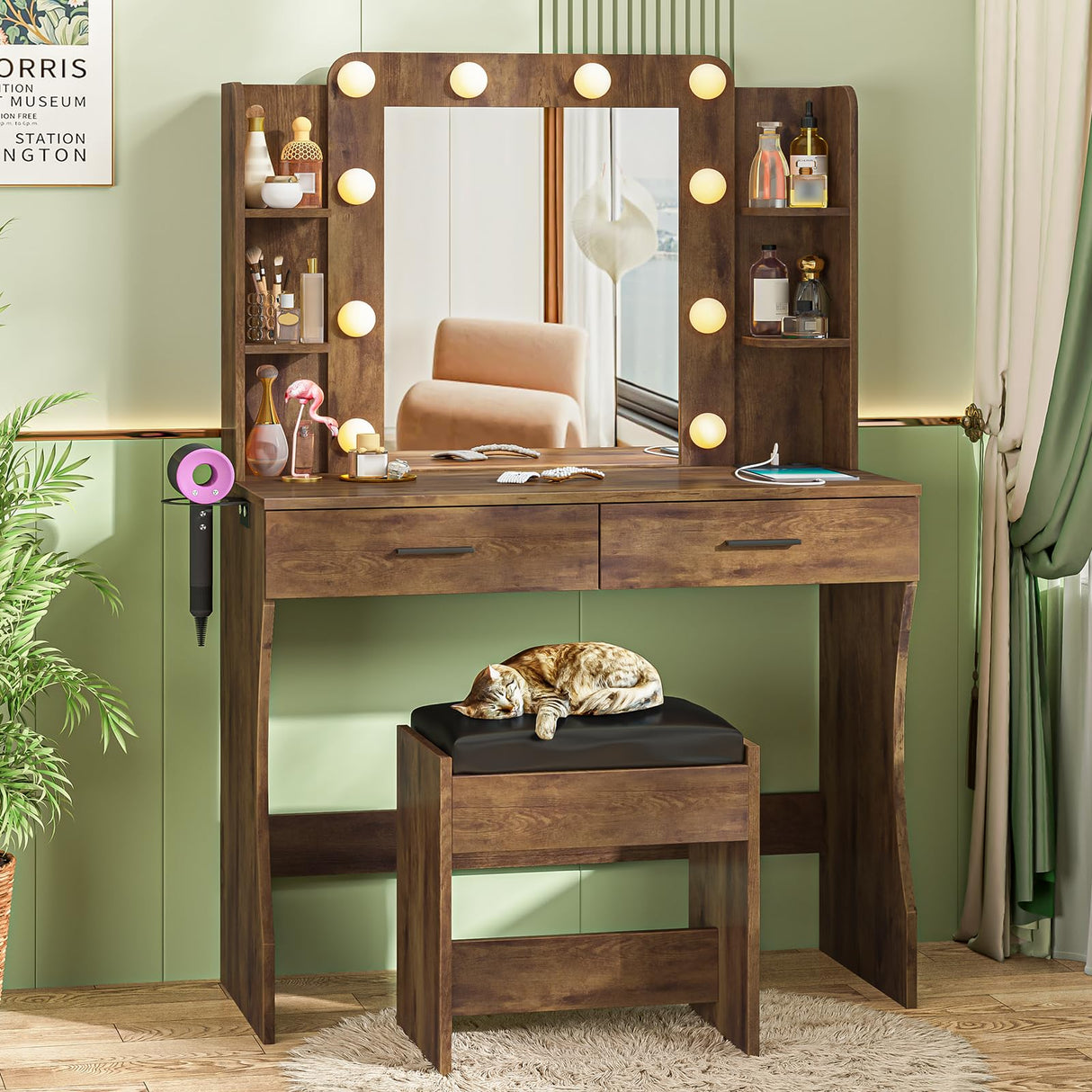 Befrases Vanity Desk with Mirror, LED Lights and Power Outlet, Makeup Vanity with 2 Large Drawers,3 Lighting Modes & Adjustable Brightness, Dressing Desk with Cushioned Stool, Rustic Brown. Befrases