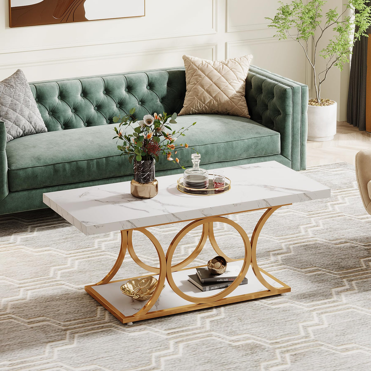 Tribesigns Rectangle Coffee Table, 47.24-inch Modern Coffee Tables for Living Room, 2-Tier Faux Marble Wood Coffee Table with Geometric Legs, Furniture with Storage Shelf (White & Gold) Tribesigns