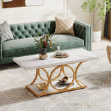 Tribesigns Rectangle Coffee Table, 47.24-inch Modern Coffee Tables for Living Room, 2-Tier Faux Marble Wood Coffee Table with Geometric Legs, Furniture with Storage Shelf (White & Gold) Tribesigns