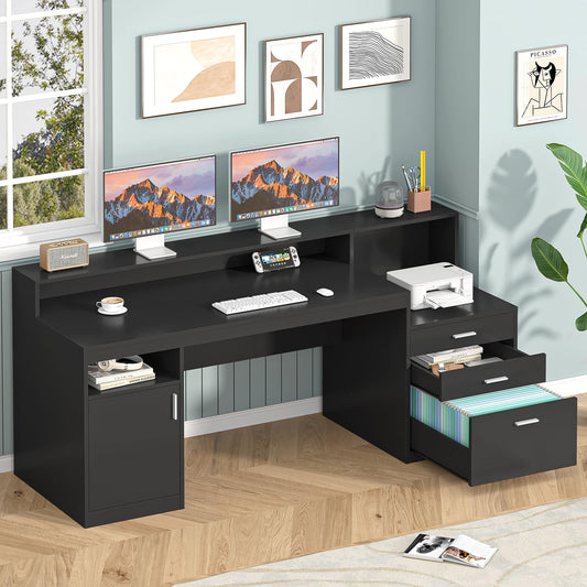 YOMILUVE Computer Desk with Drawers, 65'' Office Desk with File Drawer, Cabinet, Printer Stand, Study Writing Desk with Monitor Stand, Black