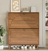 Fsbecl Shoe Storage Cabinet for Entryway with 2 Flip Drawers, Narrow Wood Shoe Cabinet with Fluted Panel, Freestanding Hidden Shoe Organizer for Foyer, Hallway (Walnut) Fsbecl