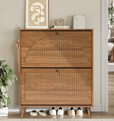 Fsbecl Shoe Storage Cabinet for Entryway with 2 Flip Drawers, Narrow Wood Shoe Cabinet with Fluted Panel, Freestanding Hidden Shoe Organizer for Foyer, Hallway (Walnut)