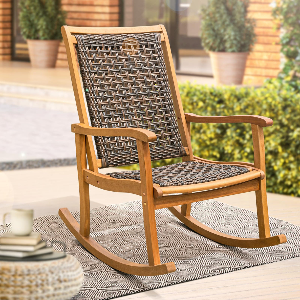 IDZO Lexicon Wood Wicker Rocking Chair, 400 lbs Capacity, Durable Eucalyptus Wood, Natural Finish, Comfortable Curvy Design, Ideal for Porch, Deck, Patio Furniture, and Outdoor Furniture Accent Chair IDZO