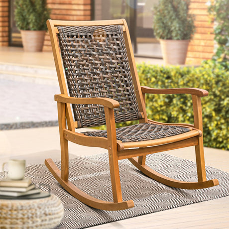 IDZO Lexicon Wood Wicker Rocking Chair, 400 lbs Capacity, Durable Eucalyptus Wood, Natural Finish, Comfortable Curvy Design, Ideal for Porch, Deck, Patio Furniture, and Outdoor Furniture Accent Chair IDZO
