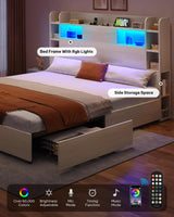 YITAHOME King Bed Frame with Bookcase Headboard and 4 Storage Drawers, RGB LED Bed with Type-C & USB Charging Station Storage Headboard Bed Frame, No Box Spring Needed, Noise Free, Antique White YITAHOME
