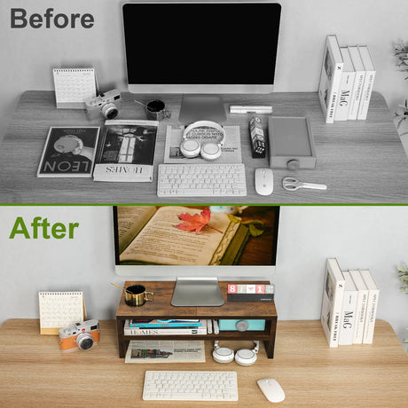 TEAMIX Wooden Monitor Stand Riser-2 Tier Laptop Stand for Desk, Monitor Riser for TV/Printer/Keyboard, Computer Stand with Storage Home Office Desk Shelf Organization TEAMIX