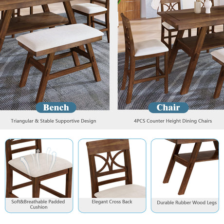 Kitchen Dining Table Set 6 Piece Wooden Counter Height Dining Table Set with Storage Shelf, Rectangular Dining Table with 4 Upholstered Chairs and 1 Bench, Rustic Style, Walnut with Beige Cushion Merax