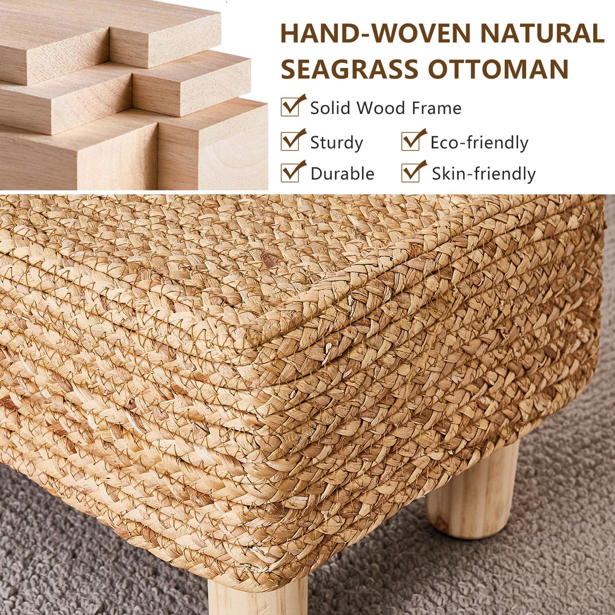 Wimarsbon Natural Seagrass Footstool Ottoman Rectangular Footrest Pouf Ottomans with Wooden Legs Hand Weave Step Stool for Living Room Bedroom Entryway Natural Wimarsbon