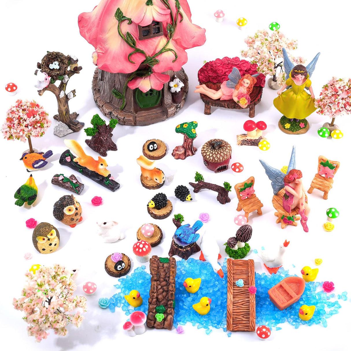 93 Pcs Fairy Garden House Resin Accessories Fairy Elves Kit Miniature Fairy Figurines Ornaments Animals Decor Outdoor for DIY Dollhouse HIYZI
