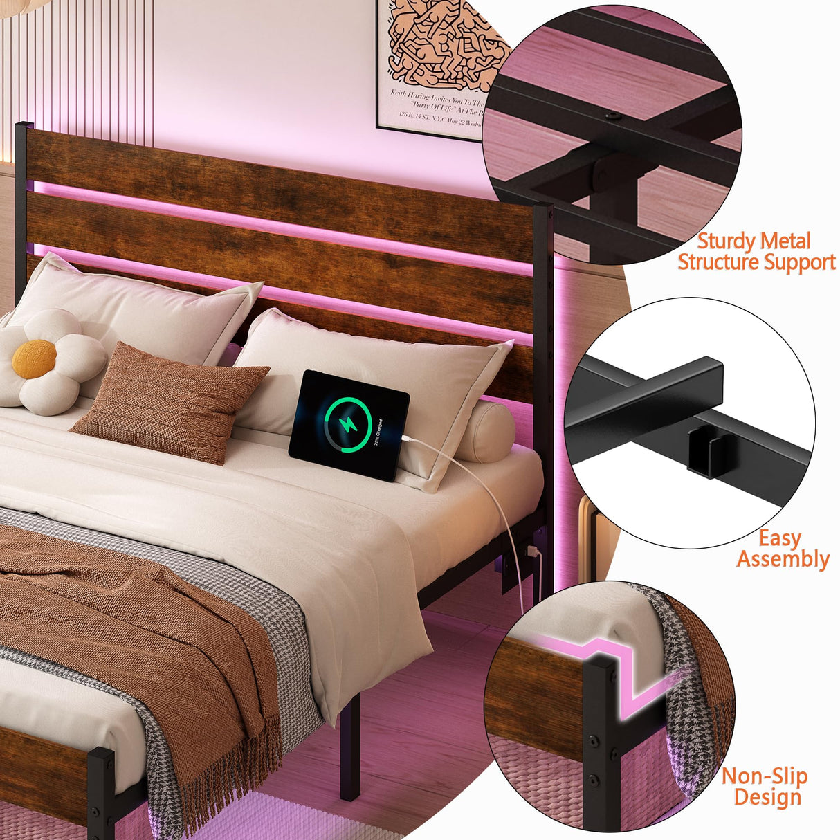 Chuangshuo Guard Full Size Bed Frame with Headboard,Heavy Duty LED Bed Frame with USB Charging Station,Mattress Foundation-Under Bed Storage, No Box Spring Needed, Noise Free,Brown Chuangshuo Guard