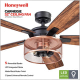 Honeywell Ceiling Fans Carnegie Industrial 52 Inch Ceiling Fan with Light, Remote Control Fan, LED Indoor Fan with 5 Blades, Black Oak and Brown Mopane Blade Finish Options, Copper (51459-01) Honeywell