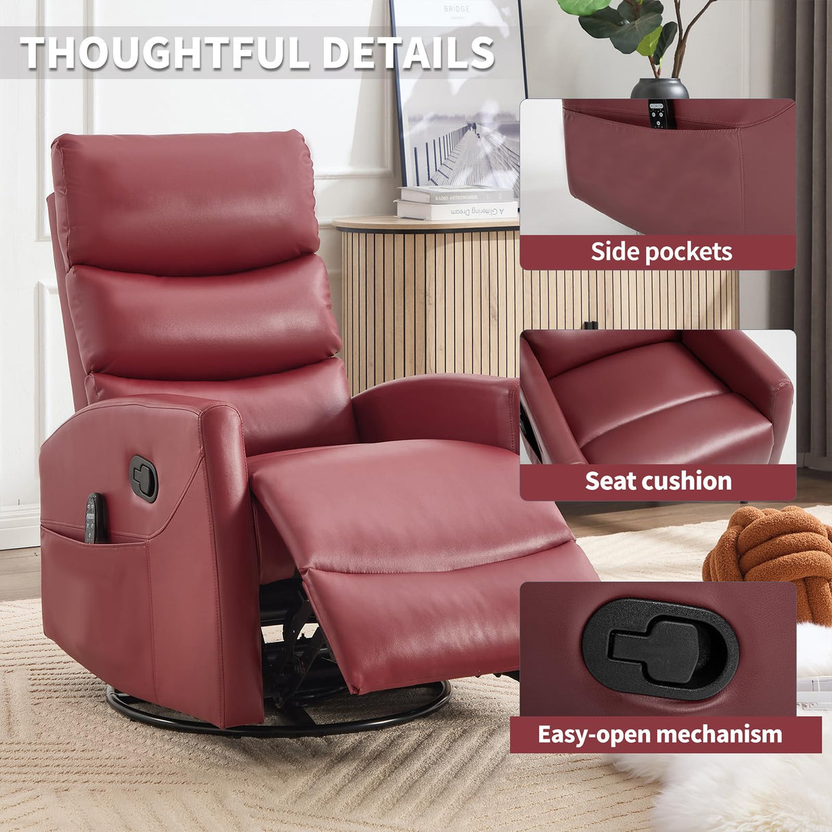 Rocker Recliner Chair with Heat, 360° Swivel Glider for Adults, Faux Leather Reclining Chair with 8-Point Vibration Massage for Small Spaces, Lumbar Suppor (Red) Anwick