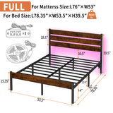 Chuangshuo Guard Full Size Bed Frame with Headboard,Heavy Duty LED Bed Frame with USB Charging Station,Mattress Foundation-Under Bed Storage, No Box Spring Needed, Noise Free,Brown Chuangshuo Guard