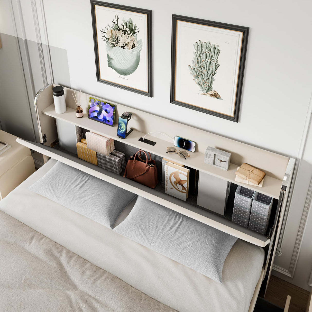 IDEALHOUSE Full Size Bed Frame with Storage Headboard, Velvet Upholstered Platform Bed Frame with 4 Storage Drawers, Built in Charging Station, Wooden Slats Support/No Box Spring Needed, White IDEALHOUSE