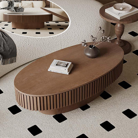 FGXJY Oval Coffee Table with Storage, Modern Walnut Coffee Table with Solid Wood Veneered, Fluted Center Table Wood Drum Tea Table for Living Room Apartment, 47.2''L×23.6''W×14.2''H FGXJY