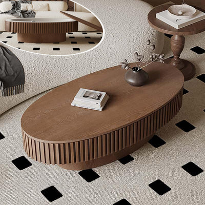 FGXJY Oval Coffee Table with Storage, Modern Walnut Coffee Table with Solid Wood Veneered, Fluted Center Table Wood Drum Tea Table for Living Room Apartment, 47.2''L×23.6''W×14.2''H