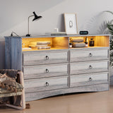 VVFLU Grey 6 Drawer Dresser for Bedroom with LED Lights and Charging Station, Wood 6 Chest Drawers, Large Storage for Clothes, for Living Room, Bedroom, Hallway, Taupe Grey VVFLU