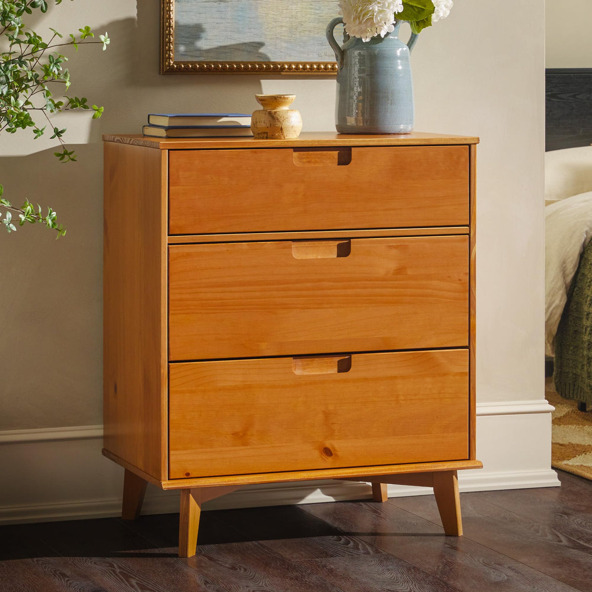 Walker Edison Sloane 3-Drawer Groove Handle Solid Pine Wood Dresser, 36 Inch, Caramel Walker Edison