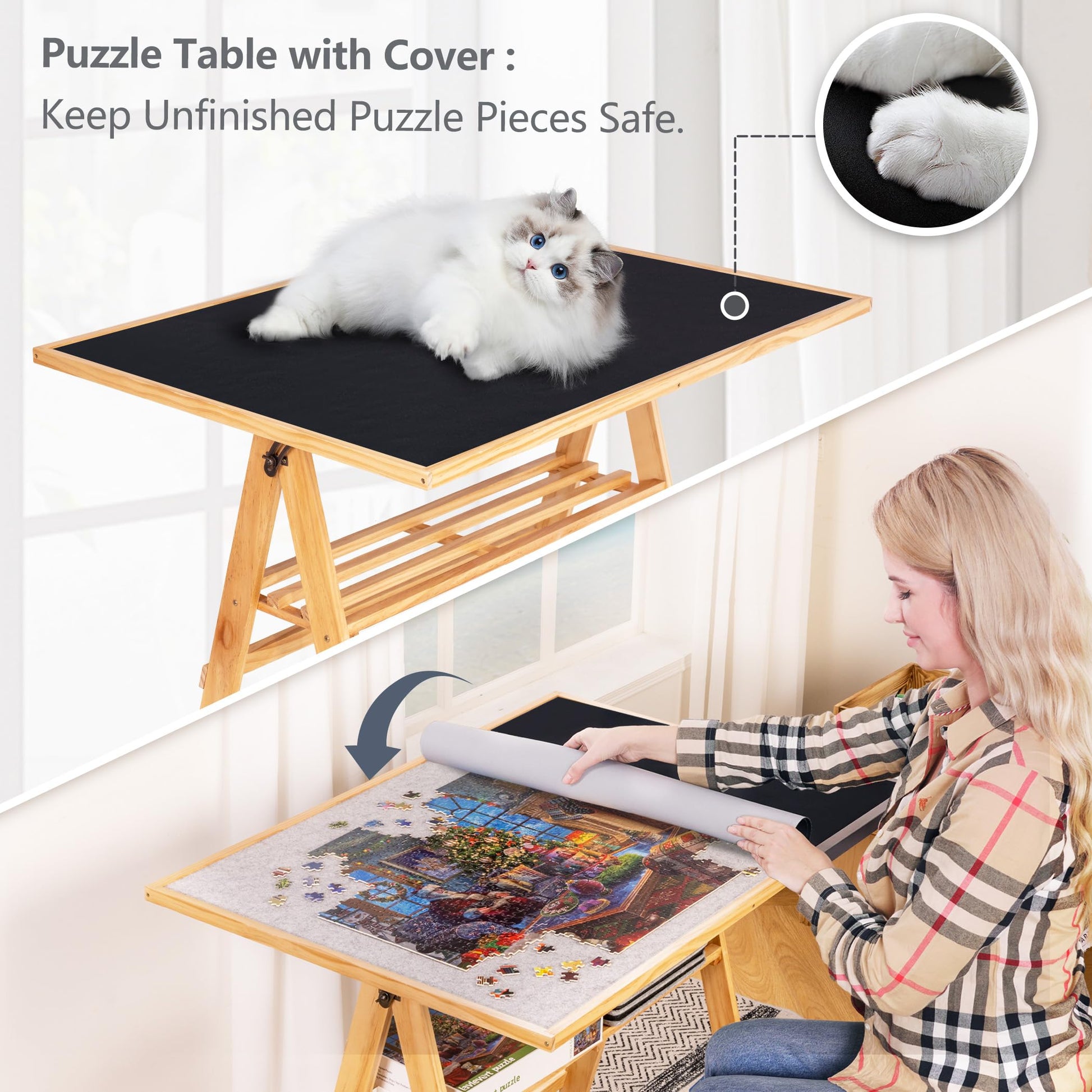 Lavievert 1500 Piece Jigsaw Puzzle Table with Legs & Cover, Adjustable Wooden Puzzle Board Easel with Storage Shelf, Portable Tilting Puzzle Table with 4 Rolling Wheels for Adults - WoodArtSupply