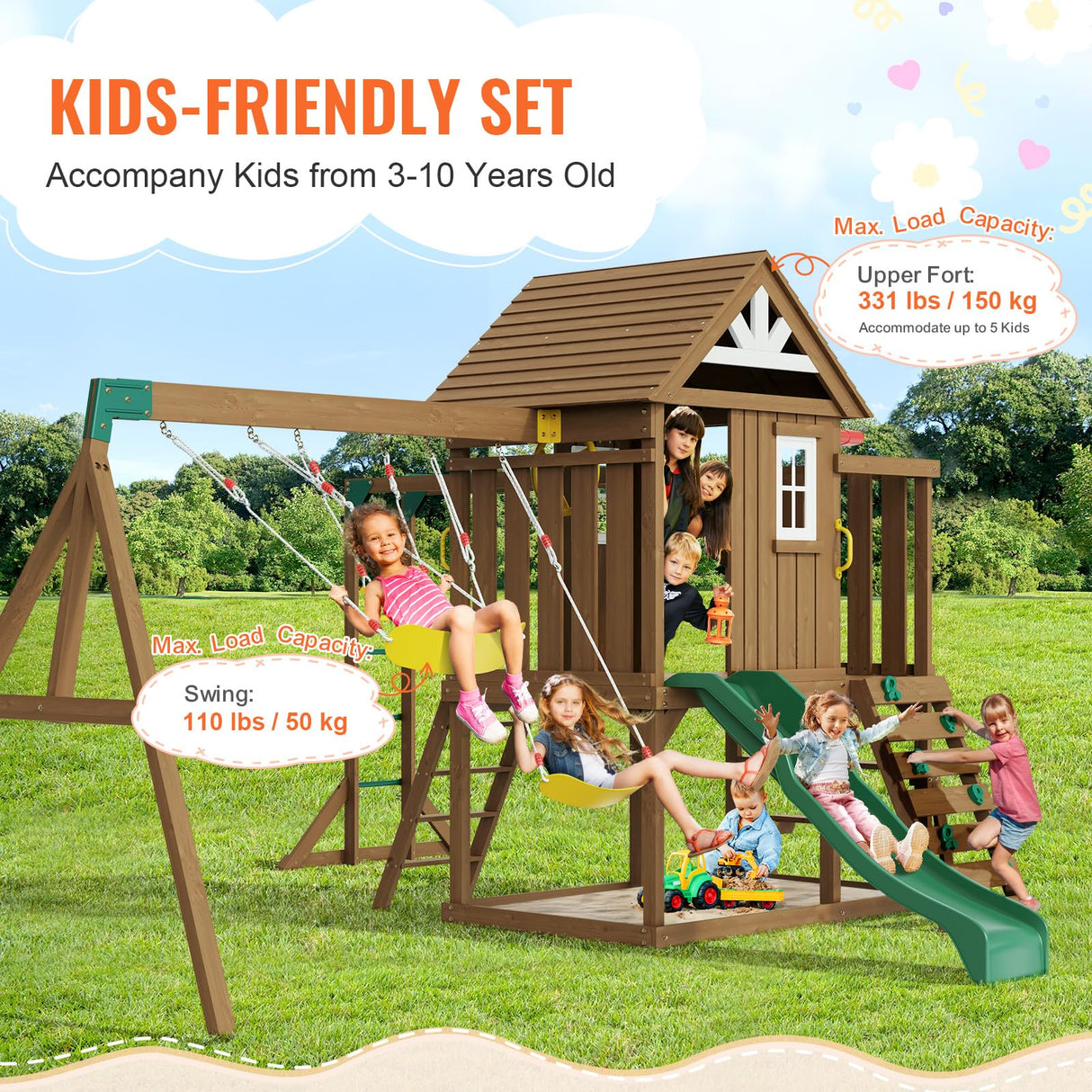 VEVOR Wooden Swing Set, 10 in 1 Playground Sets for Backyards, 2 Swings, 6FT Slide, Trapeze Bar, Flat Step Ladder,Large Upper Fort with Kitchen Toys, Rock Wall, Picnic Table, Sandbox, Scaling Ladder VEVOR