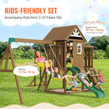 VEVOR Wooden Swing Set, 10 in 1 Playground Sets for Backyards, 2 Swings, 6FT Slide, Trapeze Bar, Flat Step Ladder,Large Upper Fort with Kitchen Toys, Rock Wall, Picnic Table, Sandbox, Scaling Ladder VEVOR