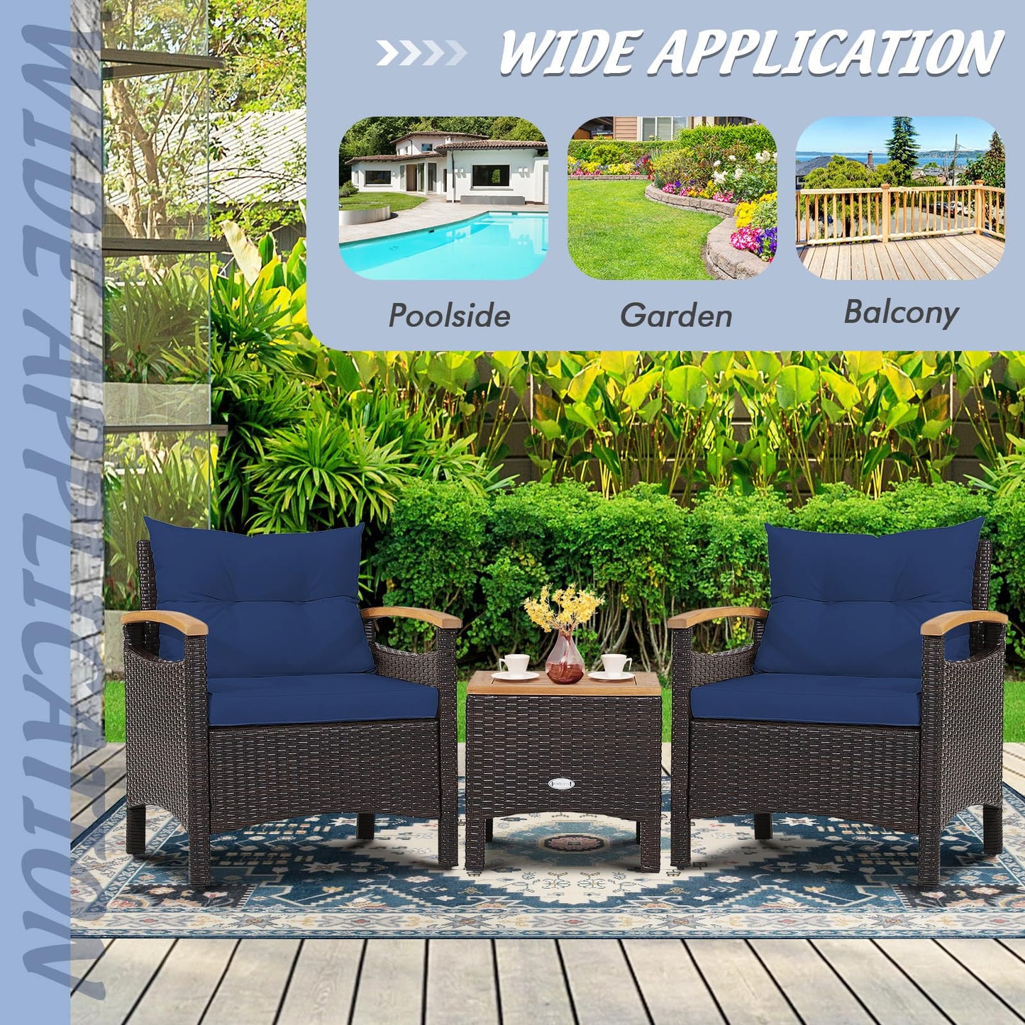 KOTEK 3 Piece Patio Furniture Set, Outdoor Conversation Set with Removable Cushions, Acacia Wood Tabletop and Armrests, PE Rattan Wicker Bistro Set for Porch, Balcony, Backyard (Navy Blue) - WoodArtSupply