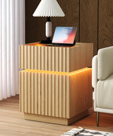 Irontar Fluted Nightstand with 2 Drawers & RGB LED Lights, Wooden Night Stand with Glass Top, Bedside Table with Charging Station, Modern End Side Table for Bedroom, Natural Oak BZZ012ME Irontar
