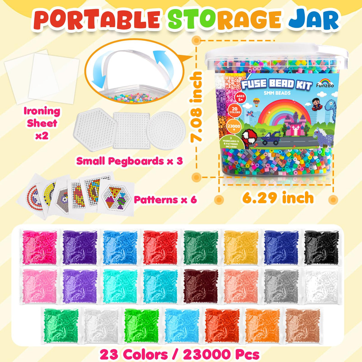 FUNZBO 23000+ 5mm Fuse Beads Kit - 23 Colors Refill Set with 3 Pegboards and 6 Patterns, Beads Crafts for Kids, Arts and Crafts Project, Toys Gifts for Girls and Boys Aged 5+ Years Old Gifts FUNZBO