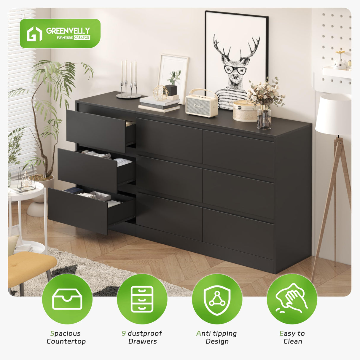 Greenvelly Black 9 Drawer Dresser, Modern Long 9 Drawer Dresser, Wood Dresser with 9 Large Drawers for Bedroom, Wooden Dressers & Chests of Drawers with Smooth Metal Rail for Nursery, Women, Family Greenvelly