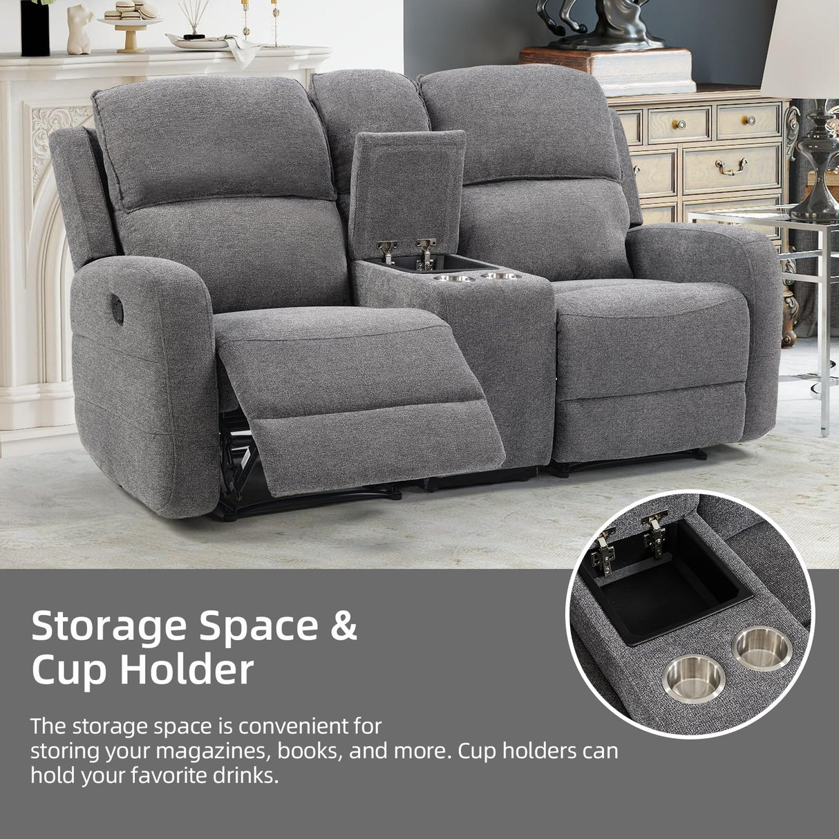 EBELLO Manual Living Room Furniture Reclining Couch Set, Soft Fabric Recliner Loveseat and 3 Seat Sofa Couch for Meeting Room, Overstuffed Backrest(Loveseat+Sofa) EBELLO