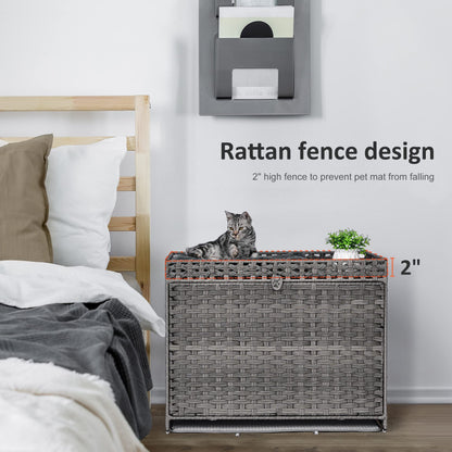 Cat Litter Box Enclosure with Soft Litter Mat; Hidden Washroom Furniture with Door; Handwoven Rattan Cat House with Large Space; Pet Crate for Living Room, Bedroom, Balcony (Grey)