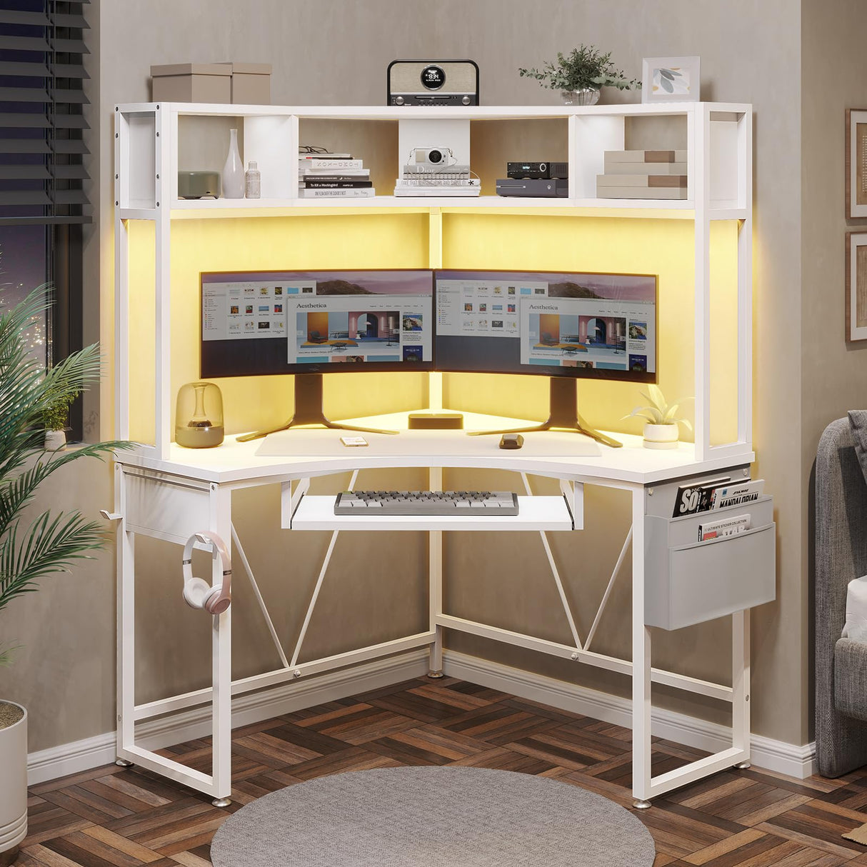 SEDETA Corner Desk, Small Computer Desk with Hutch & LED Lights, Triangle Corner Computer Desk with Keyboard Tray, Storage Bag, and Headphone Hook for Small Space, Small Office Desk, White SEDETA