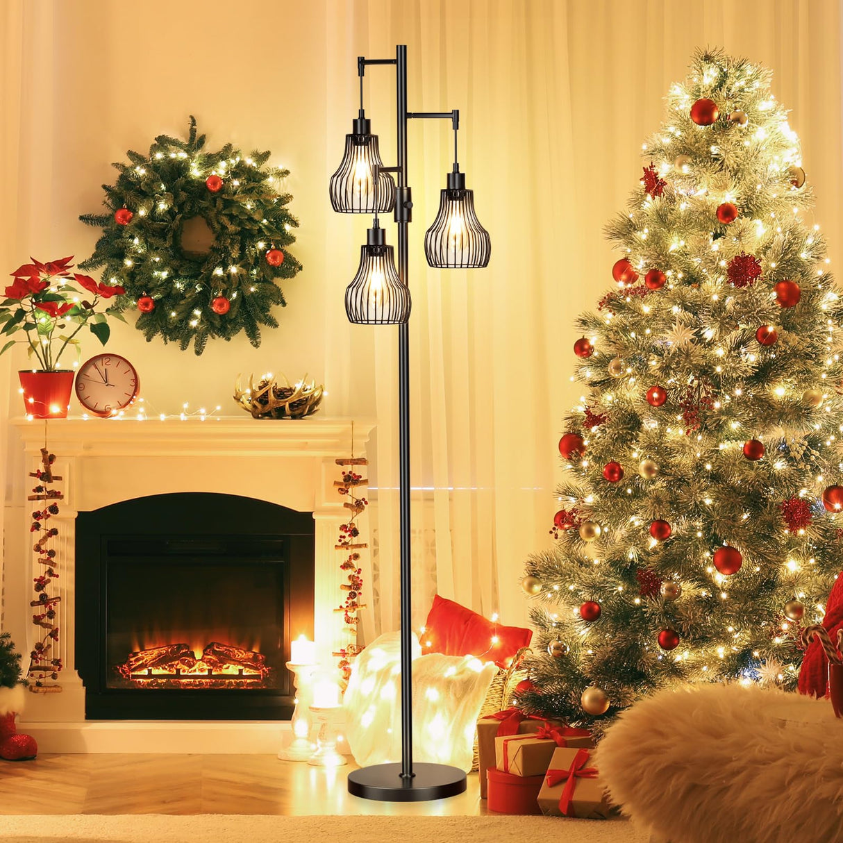 Dimmable Floor Lamp, 3 x 800LM LED Edison Bulbs Included, Farmhouse Industrial Floor Lamp Standing Tree Lamp with Elegant Cage Tall Lamps for Living Room Bedroom Office - Black Ziisee