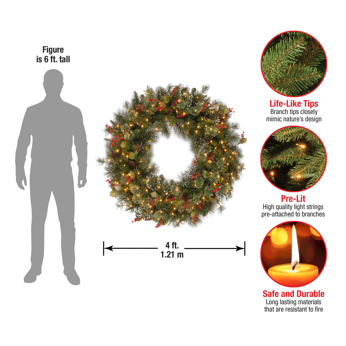 National Tree Company Pre-Lit Artificial Christmas Wreath, Green, Wintry Pine, White Lights, Decorated with Pine Cones, Berry Clusters, Frosted Branches, Christmas Collection, 48 Inches National Tree Company