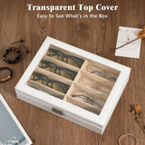 MoKo Sunglasses Organizer with 8 Slots, Leather Sunglass Display Collection Holder Case with Drawer Clear Glass Lid, Lockable Eyeglass Glass Jewelry Watch Storage Box for Women Men, White MoKo