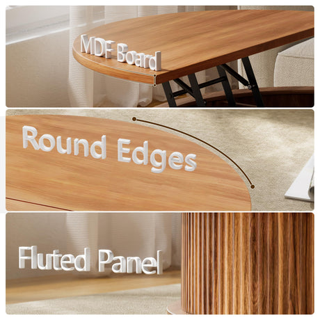 YKVIQBY Round Lift Top Coffee Table, 31.5" Fluted Wood Accent Coffee Table with 180° Curved Sliding Door, Hidden Storage, Mid Century Modern Center Table for Living Room Office Small Spaces, Walnut YKVIQBY