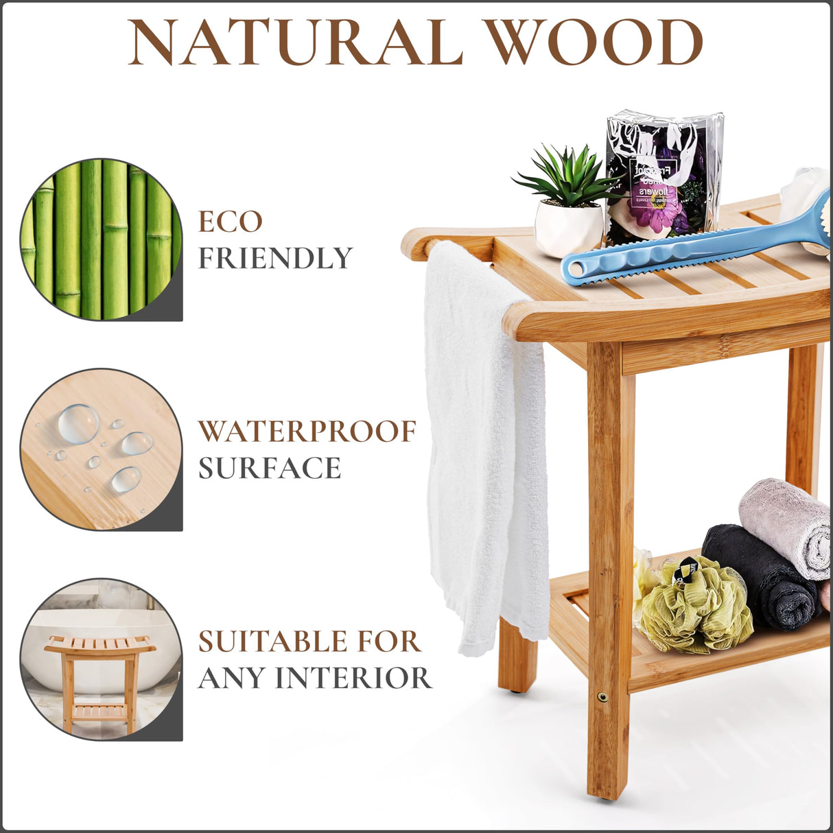 Bamboo Shower Bench with Handles and Shelf – Waterproof Stool for Inside Shower, Bathroom Foot Rest, Shaving Seat, Bamboo Shower Chair for Adults Teak shower bench