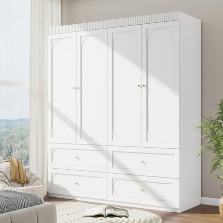 LABROSKIA Bedroom Armoire Wardrobe Closet with 4 Drawers: 74" White 4 Doors Wood Storage Cabinet, Hanging Rod and Ample Storage Space (Modern, White) LABROSKIA