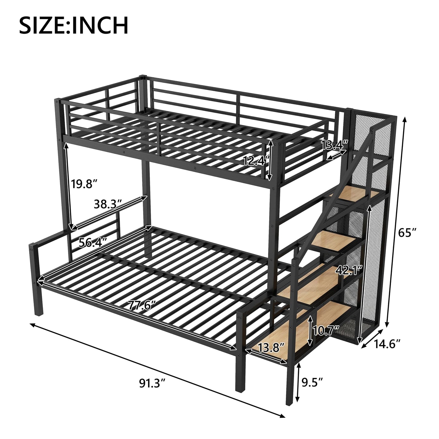 Harper & Bright Designs Twin Over Full Bunk Bed with Stairs, Metal Stairway Bunk Bed Frame with Storage and Open Wardrobe, for Kids Teens Adults - Black