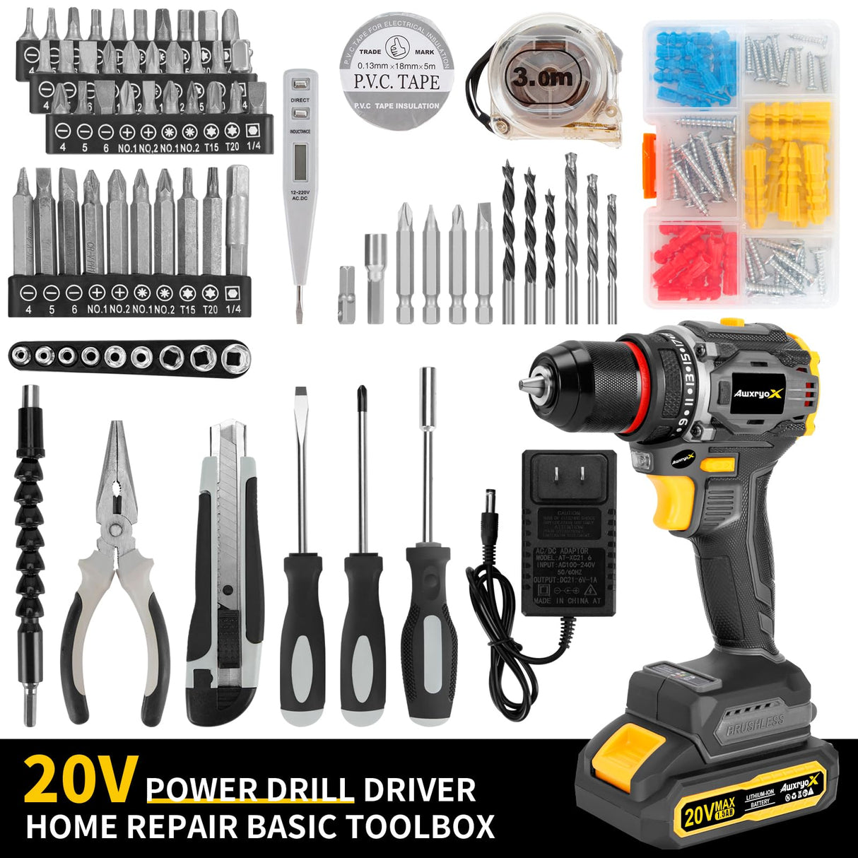 AwxryoX Brushless Compact Drill Tool Set, 60N.m 20V Cordless Drill Tool Box with 2 Battery, 135Pcs Man Household Tool Set with DIY Hand Tool Kits, 531 In-lb Tool Set with Drill for Daily Home Repair AwxryoX