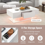 Giantex Modern LED Coffee Table - 2-Tier Center Table w/ 2 Storage Drawers, Adjustable Brightness & Speed, 20-Color Light, 43.5''L Rectangular High-Gloss Finished Table for Living Room (White) Giantex