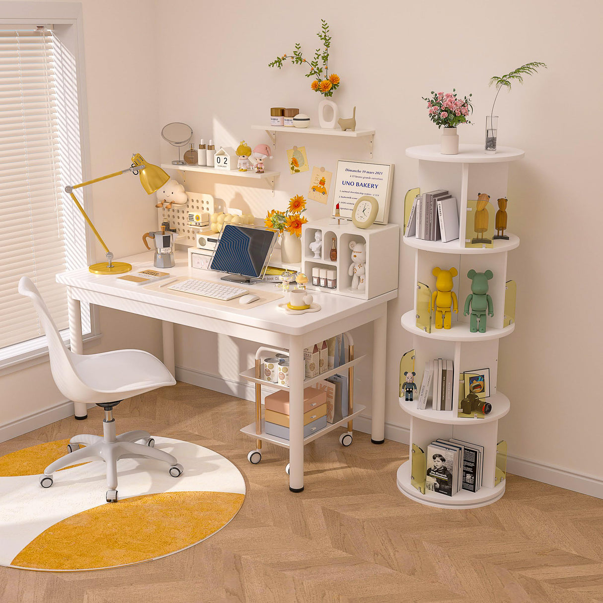 VECELO 4-Tier Rotating Bookshelf with Acrylic Windows - Elegant Pearl White Corner Storage Solution for Home and Office VECELO