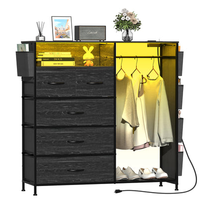 Espelism Dresser for Bedroom with Clothes Rack & Side Pockets 5 Drawer Dresser with Charging Station & LED Lights Black Storage Chest of Drawers for Nursery Hallway Closet Sturdy Steel Frame Wood Top