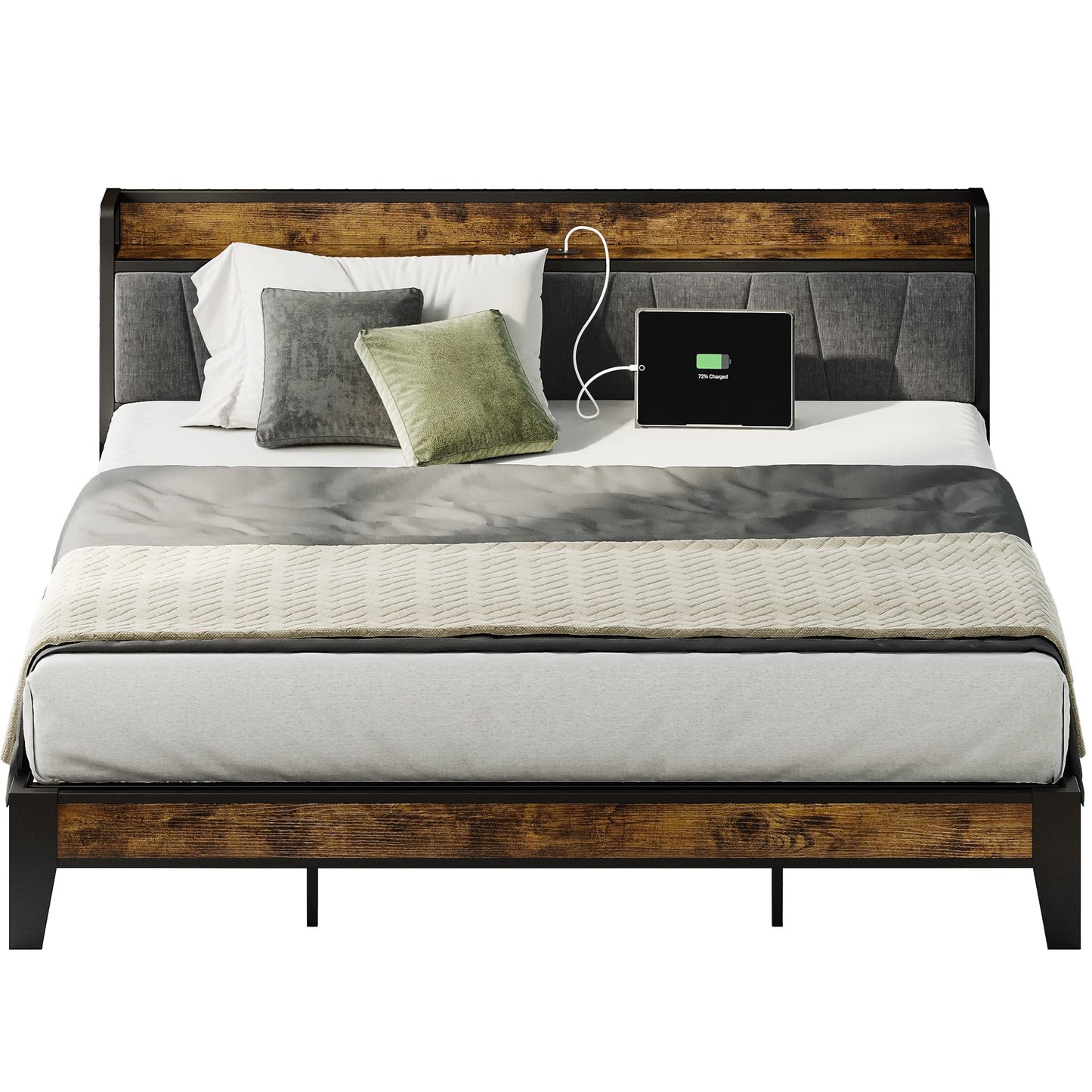 LIKIMIO King Size Bed Frame with Storage Headboard and Charging Station, Solid Construction, Easy Assembly - WoodArtSupply