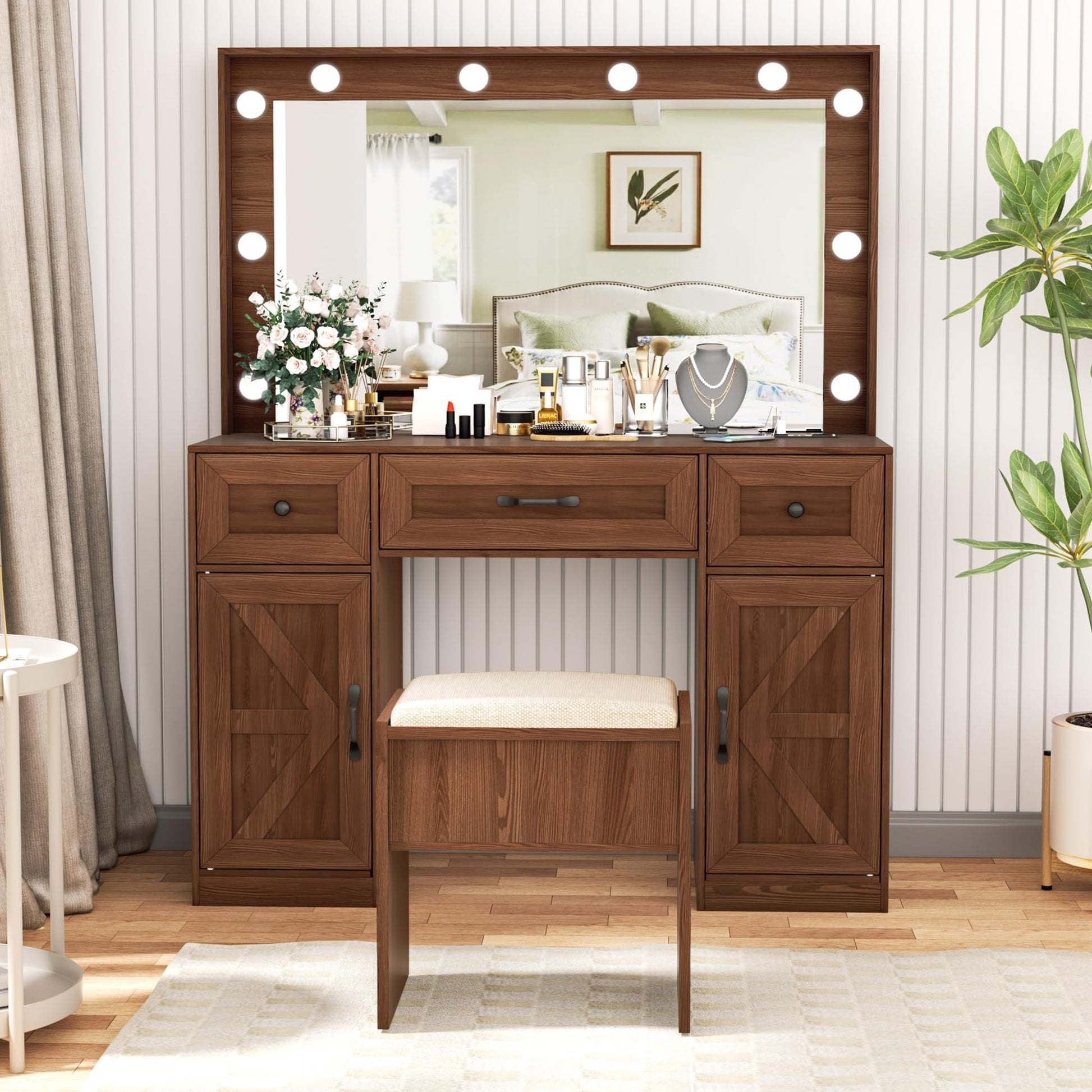 INTERGREAT 57" Makeup Vanity Desk with Large Mirror and 10 LED Lights,Farmhouse Vanity Table with Power Outlet & 5 Drawers,3 Lighting Color Adjustable,Dressing Table for Bedroom,Dressing Room - WoodArtSupply